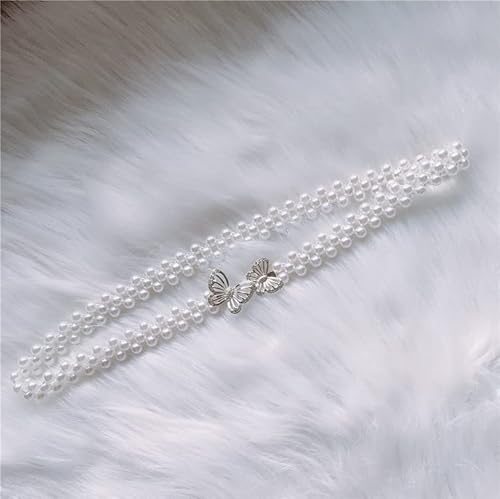 ZHDXW Strass Papillon Femmes Ceinture Dames élégant Faux Perles mariée Mariage Ceinture Robe Accessoires à la Main Perle Taille chaîne,Blanc + Argent Cover