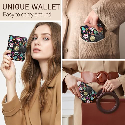 Image of Kelvoris Skull Small Rfid Women Wallet Bifold Zipper Coin Pocket PU Leather Compact Cash Credit Card Holder Travel Wallet for Female Ladies Teen Girls 1 ID Window 10 Card Slots Day of The Dead