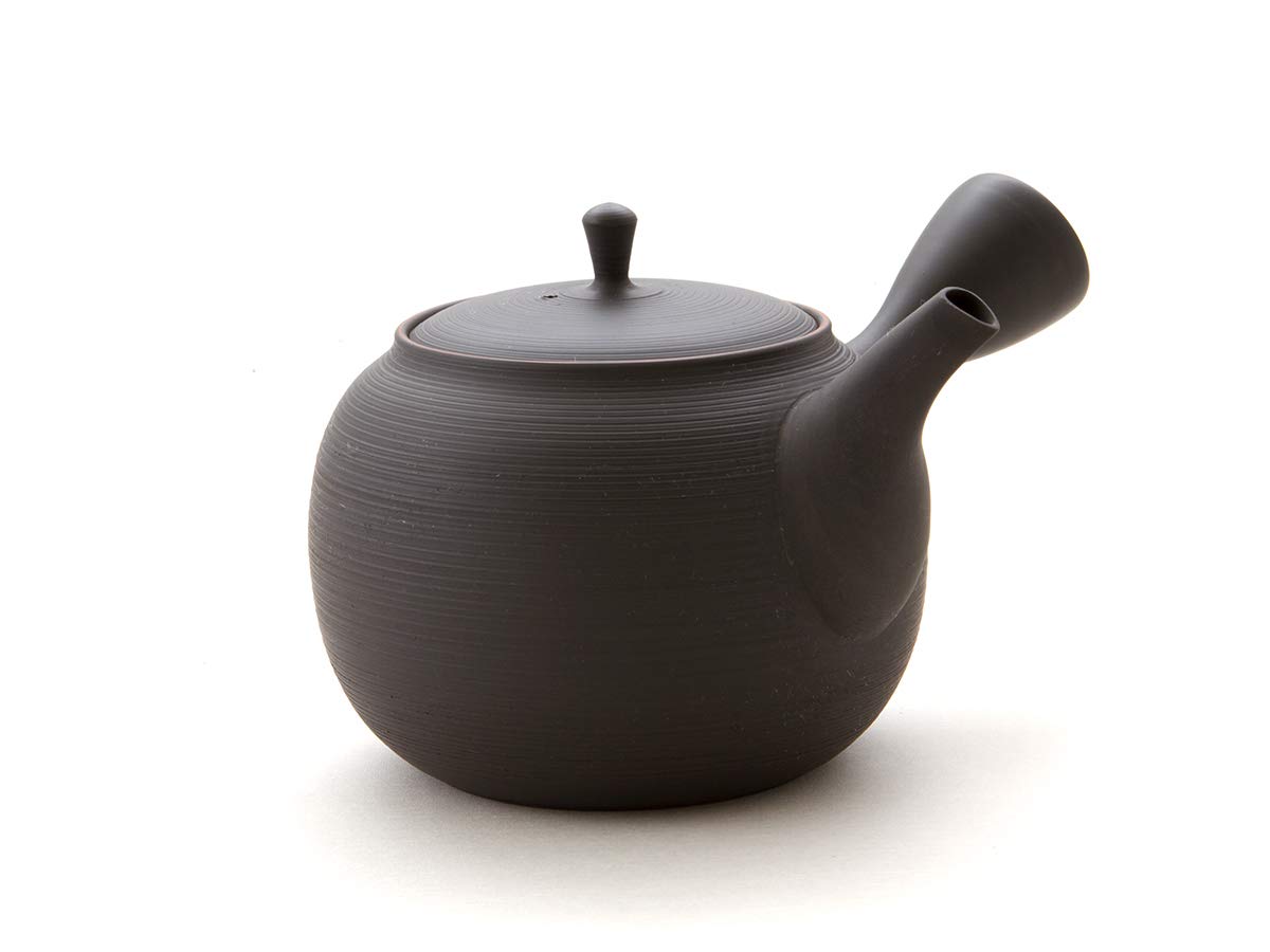 Japanische Teekanne Sendan Sen Kaku, Keramik Kyusu Tokoname Japan. Schwarz. Integriertes Tee-Sieb, Nicht glasiert