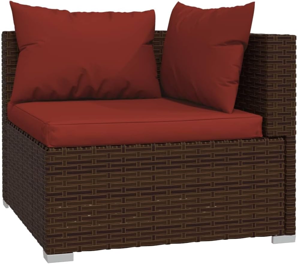 vidaXL 4 Piece Garden Lounge Set with Cushions Brown and Red Modular PE Rattan Outdoor Furniture for Patio Balcony Weather Resistant Seating People Sofa Woven