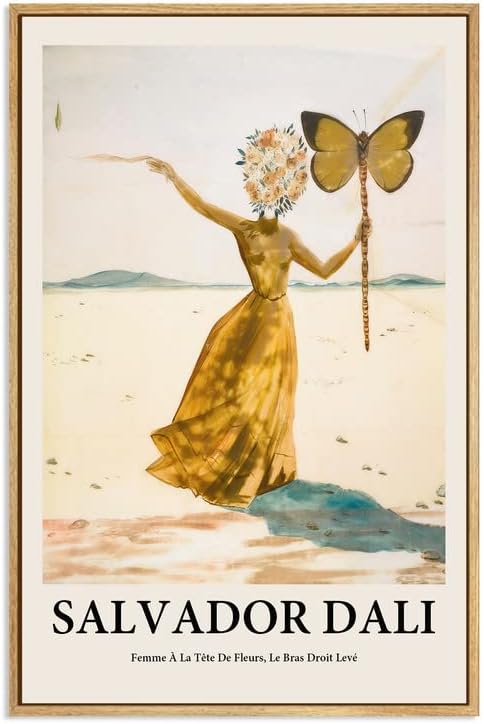 Gufro Lienzo enmarcado para pared, Femme À La Tête De Fleurs, Le Bras Droit Levé Por Salvador Dali, dormitorio, oficina, 12 x 16 pulgadas, marco
