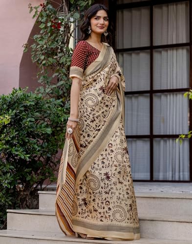 Image of SIRIL Women's Cotton Printed Saree with Unstitched Blouse Piece