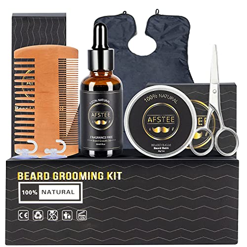 Beard Growth Kit for Men with Beard Growth Oil/Beard Comb/Beard Balm/Beard Scissors/Beard Bib, Beard Grooming Care Kit- Pure & Organic Valentines Day Gifts for Him Men Boyfriend Who Have Everything