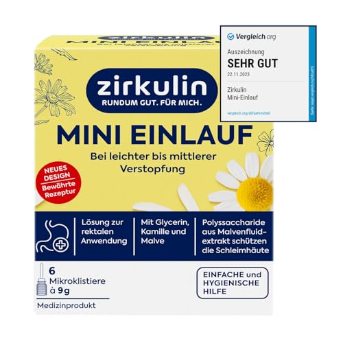 Zirkulin Mini-Einlauf, Einlauf bei leichter bis mäßiger Verstopfung, mit Glycerin, Kamille und Malve, stimuliert die Darmentleerung, 1 x 6 Mikroklistiere à 9g