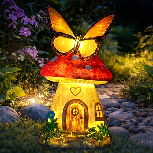 Solar Garden Statue Lights Mushroom Fairy House Figurine, Butterfly Warm LED Mushroom House Waterproof Outdoor Decor for Patio Porch Balcony Yard Decoration Lawn Ornament, Gifts for Women Mom Grandma
