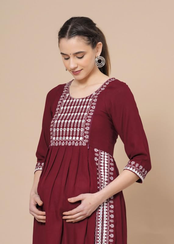 Image of JAIPURFAME Maternity Feeding Kurti with Zipper | Cotton Floral Printed Pregnancy & Nursing Dress | Comfortable & Stylish Maternity Wear for Women | Breastfeeding Kurta with Zipper | Soft & Elegant