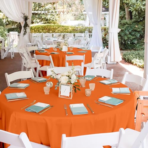 Image of Mulbozy 12 Pack Orange Round Tablecloth, 84 Inches Plastic Orange Table Cover, Premium Disposable Round Party Tablecloth for Restaurant Dinners, Wedding, Grad Party, Baby Shower, Outdoor Camping
