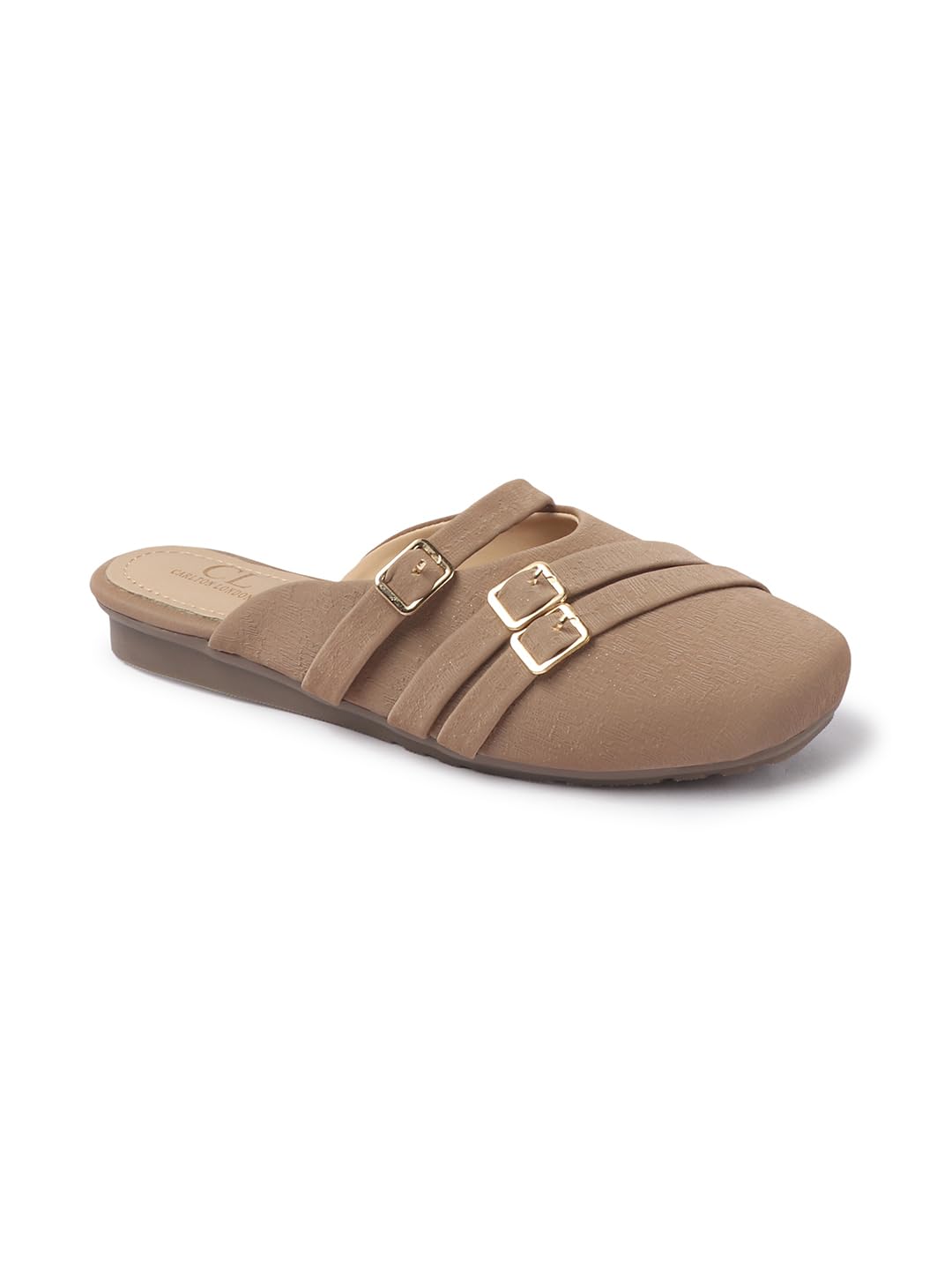 Women's Buckled Strap Beige Comfort Mules-image-20