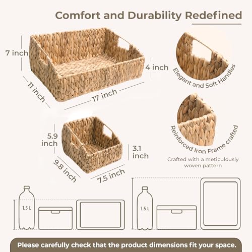 Image of KOKODO Rectangular Wicker Storage Baskets for Shelves, Set of 3 Water Hyacinth Woven Bins with Handles, Open Front Pantry Shelf Organizer for Closet, Bedroom, Boho Decorative, Natural