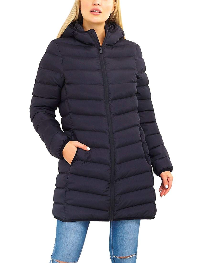 SS7 Womens Puffer Coat Padded Mid Length Parka Jacket Black