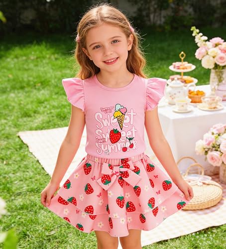 Image of Girls Skirt Set 2 Piece Outfit Toddler Summer Clothes Ruffle Sleeve T-Shirt Bow Knot Tutu Skirt Outfit Set