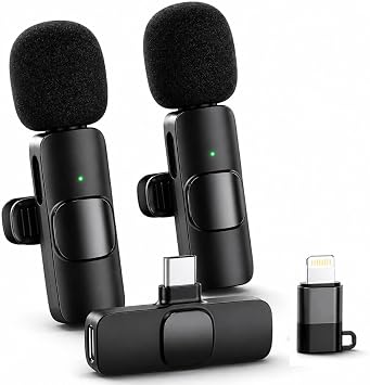 Acuvar Wireless Lavalier Microphone for Vlogging iPhone & Android, 2 Pack Mini Wireless Mic, Plug & Play Clip On Mics for Vlogging Video Recording, Interview, Adapter