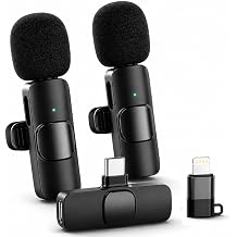 Acuvar Wireless Lavalier Microphone for iPhone & Android, 2 Pack Mini Wireless Mic, Plug & Play Clip On Microphone for Video Recording, Interview, Vlog with Adapter