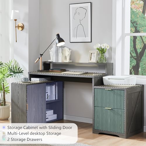 Image of 67 inchModern Desk with Cabinet & 2 Drawers, Fluted Office Desk Built‑in Outlet | L Shaped Desk ,storage cabinet with sliding doors, Wood Home Office Desk, Fluted Computer Writing Desk, Grayish Green