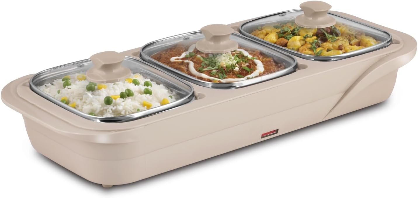 Jaypee Plus E-3 Bowl Electrical Serving Casserole Chafing Dish,1000ml Each |Stainless Steel 3 Dish Food Buffet Server |3 in 1 Electiric Bowl for Reheating Food, Beige
