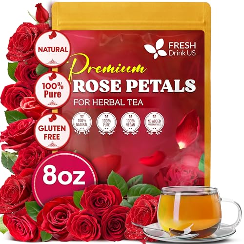 Image of FreshDrinkUS, Premium 8oz Dried Rose Petals, 100% Natural & Pure, Herbal Tea, Daily Infusion Botanical, No Sugar, No Caffeine, No Gluten, Vegan. Rich in Antioxidants.