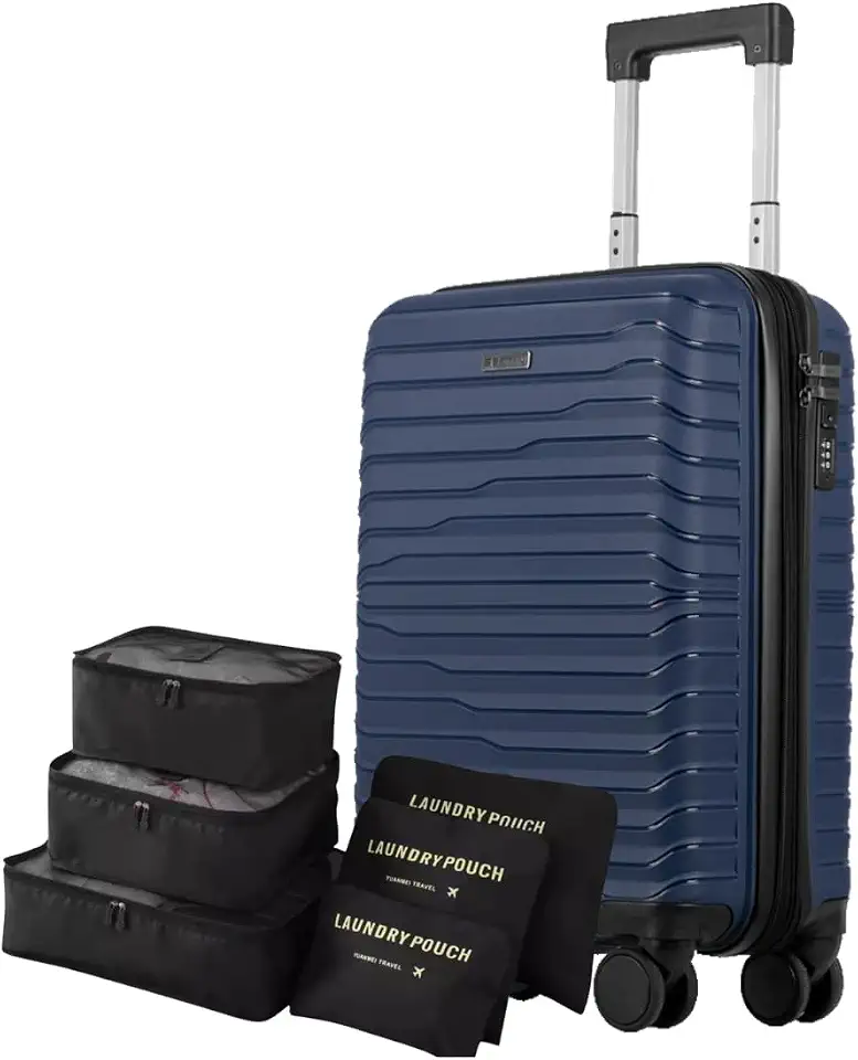 Mala Bordo 10kg em Polipropileno, Zíper Expansível, Padrão ANAC, Cadeado Embutido + Kit Organizador Necessaire 6 pçs p/Calçados, Meias e Calcinhas - Bagagem de Viagem Sestini (PP Plus Marinho)