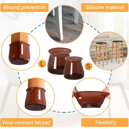 Image of 32pcs Brown Chair Leg Floor Protectors for Hardwood Floors, Bar Stools Caps, Dining Room Covers, Silicone Felt Furniture Pads (Small Fit: 0.9'' - 1.29'')