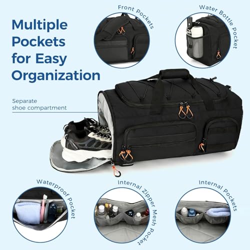 Searock 45L Gym Bag for Men, 3-In-1 Duffle Bag Backpack for Travel, Sports Duffel Bags for Gym Workout, Weekender Overnight Bag with Shoe Compartment, Wet Pocket, Black - Image 4