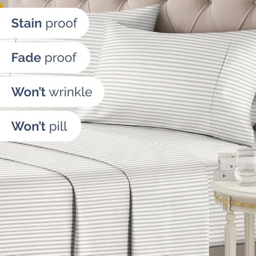 Image of Full 4 Piece Striped Sheet Set - Breathable & Cooling - French Country | 1 Flat, 1 Fitted & 2 Pillowcases w / Deep Pockets, Luxury Striped Bedding, Soft, Breathable & Cooling, Wrinkle & Fade Free