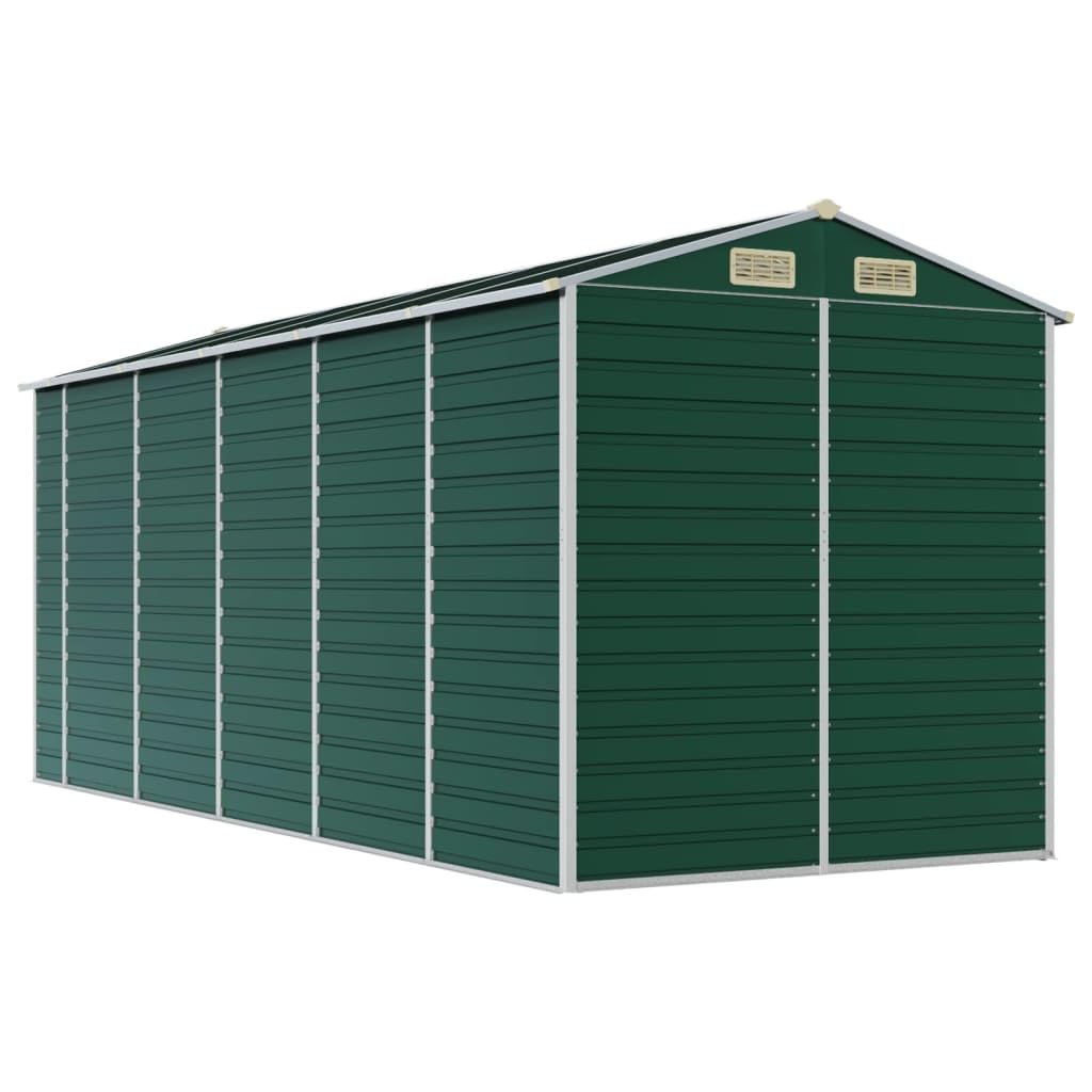 Domek ogrodowy ze stali ocynkowanej zielony 191 x 470 x 198 cm, duża zewnętrzna przestrzeń do przechowywania narzędzi i sprzętu, dach spadzisty z 4 otworami wentylacyjnymi i uchwytami do drzwi