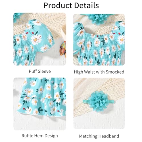 HIHA Toddler Little Girls Summer Floral Dress Smocked Dress with Headband4