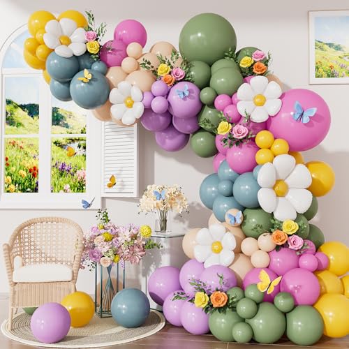 Daisy Balloon Arch Garland Kit 152 Pcs Pastel WildFlower Balloons Arch Kit in Pink Green Purple Blue Yellow and Beige for Baby Shower Spring Daisy Theme Birthday Decorations