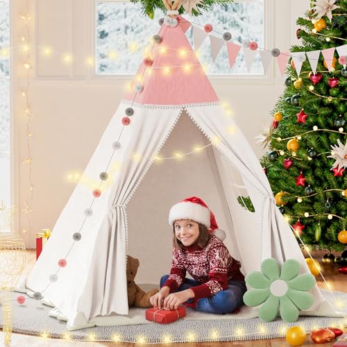 BlueWood Tente tipi pour enfant avec couverture rembourrée, guirlande lumineuse, sac de transport, style Montessori - Rose