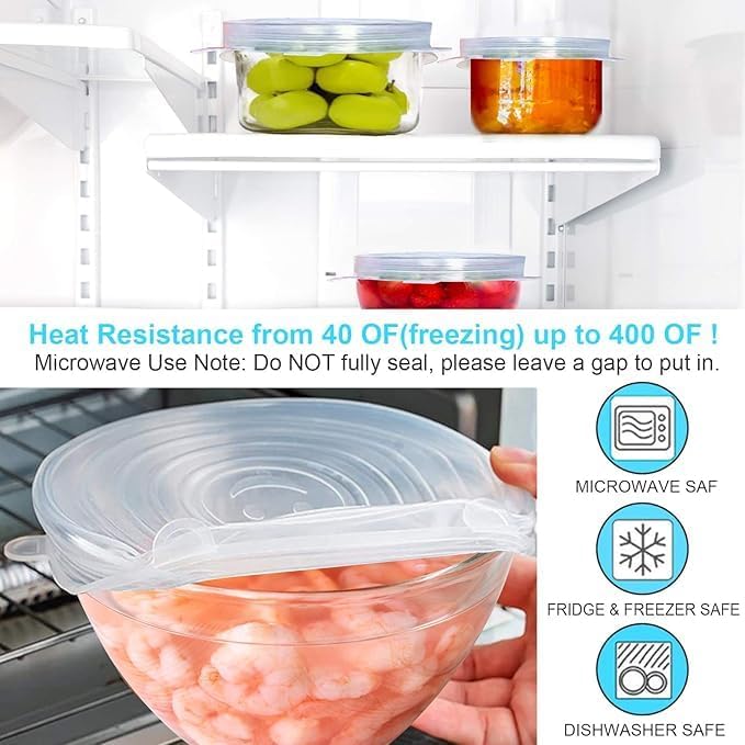 Image of Silicone Stretch Lids, Multi Size Reusable Silicone Lids Food And Bowl Covers, Dishwasher And Freezer Safe, Elastic Bowl Covers Fit Round & Rectangle Containers, Jars, Cups (Pack Of 6 Pcs)