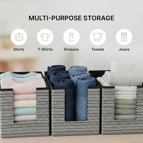 Image of DALUCI Shirt Stacker & Clothes Organizer for Wardrobe | Non-Woven Foldable Storage Box for Cupboard, Closet & Bedroom | Strong Collapsible Fabric Organizer | 40x25x24 cm - Pack of 3 (Black)
