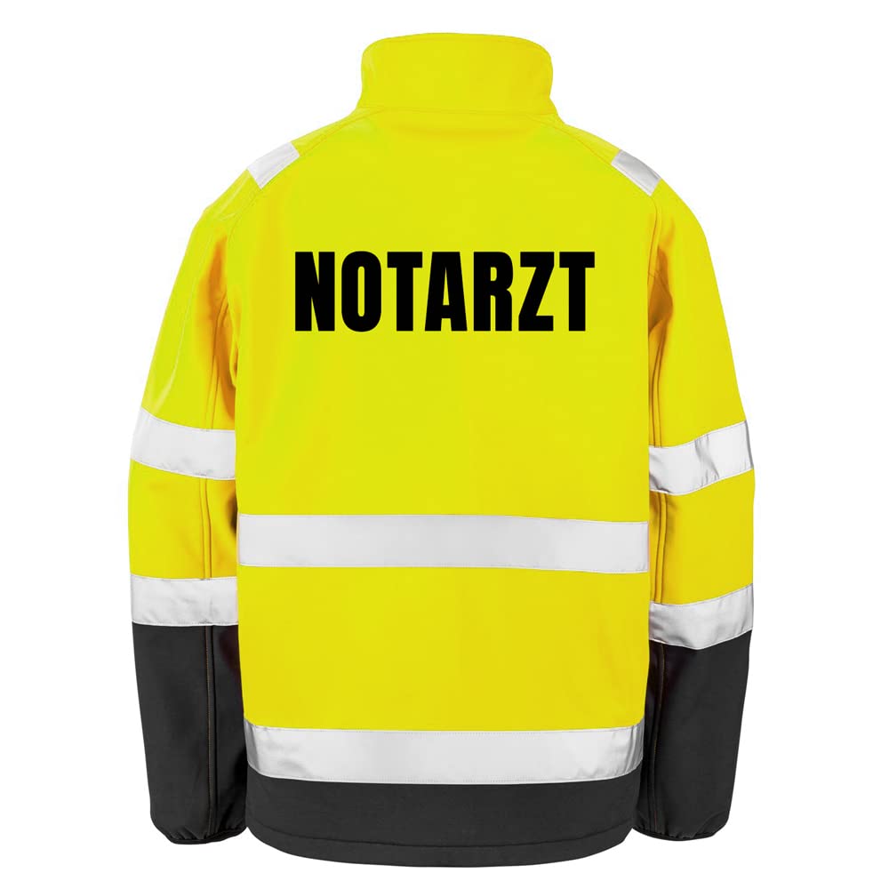 NOTARZT Sicherheitsjacke GELB aus Softshell - Gelb Warnjacke nach EN ISO 20471 zertifiziert - Unisex und hochwertigem Reflektorstreifen