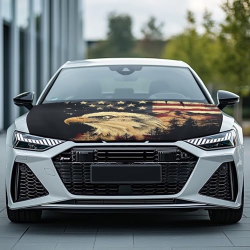 Image of American Flag Eagle Car Hood Cover Protector Vehicles Hood Wrap Blankets Auto Outdoor Patriotic Decorations Stretchable Automotive Exterior Accessories for Most Sedans Trucks Pickup SUV