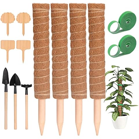 49 Inches Moss Pole 4pcs Moss Stick 16 Inches/41cm Coir Totem Pole for Cheese and Monstera Plant, Plant Support for Indoor Climbing Plants with 4M Plant Twist Tie, 4 Plant Labels, 3 Gardening Tools Cover