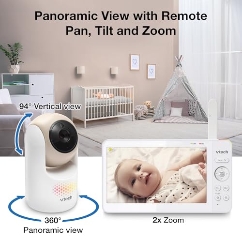 Image of VTech Baby Monitor No WiFi, 7 inch IPS Screen, 5000mAh 12Hr Battery, 360 Pan Tilt Zoom, Night Vision, Multi-Color Night Light, 2-Way Talk| Advanced Max Tan