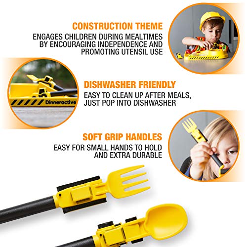 Dinneractive Utensil Set for Kids – Construction Themed Fork and Spoon for Toddlers and Young Children – 2-Piece Set - Yellow