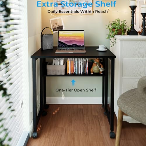 Image of GreenForest Folding Desk with Wheels, 24.8 Inch Compact Rolling Computer Table with Storage Shelf, Portable Mobile Workstation for Small Spaces, Easy Assembly, Black