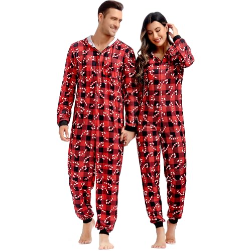 frawirshau Christmas Onesie Adult Christmas Pajamas for Family Onesies for Christmas Mens Onesie Pajamas Candy Cane Onesie Red L