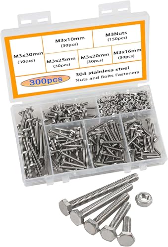 HVDHYY Schrauben Set M3 Sechskantschrauben Metrisch Sechskant Schrauben und Mutter Set 304 Edelstahl Rostfrei Sortiment Kit 300pcs