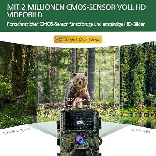 HAZA Wildkamera,2.7K Wildtierkamera,58MP Full HD wildkamera mit bewegungsmelder nachtsicht,beobachtungsmonitore mit 32G SD Karte,0,1s Auslösezeit,IP66 Wasserdicht,Timer,Zeitraffer,Tierkamera (2.7K)