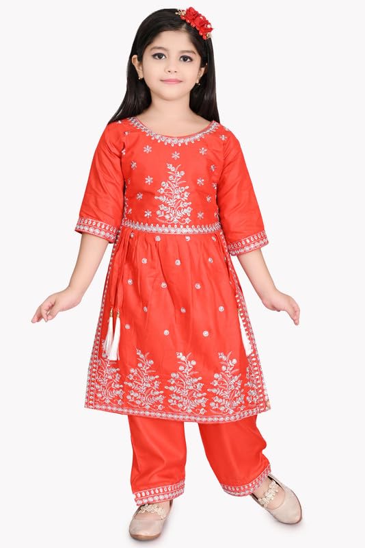 Image of Girls Ethnic Cotton Kurta and Straight Pant Set with Silky Dupatta