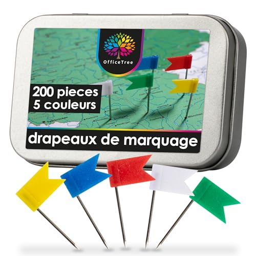 OfficeTree Lot de 200 epingles Drapeau en 5 Coloris Assortis - parfaites pour Marque des Cartes/Cartes du Monde/Tableaux - avec Boite de Rangement Pratique