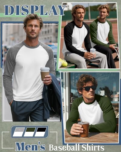 Huukeay 3 Pack Men's Long Sleeve Baseball Shirts, Crew Neck Raglan Cotton Blend Casual Vintage Jersey Sport Tee Tops4