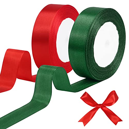 tenn well Green Red Satin Ribbon 25mm, 44 Meters Smooth Fabric Satin Ribbon for Gift Wrapping Crafting, Hair Bows