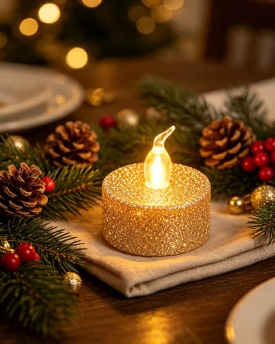 Image of 12PCS Gold Glitter Tea Lights Candles Battery Operated with Timer