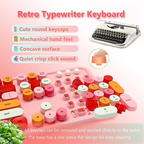Image of Wireless Keyboard and Mouse Combo, Ergonomic Cute Retro Typewriter Full Size Colorful USB Cordless Keyboard Mouse Set for Gaming and Office (Pink)