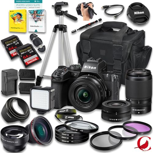 Nikon Z50 II Mirrorless Camera with Z DX 16-50mm f/3.5-6.3 VR and 50-250mm f/4.5-6.3 VR Lens + 128 GB Memory + Extra Battery + Camera Case + Tripod + More (31pc Bundle)