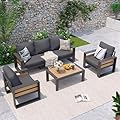 Aoxun Aluminum Patio Furniture Set, 5 Seats Sectional Metal Patio Furniture with Coffee Table, 6'' Thick Cushions and 3-Seat Sofa, Modern Outside Sectional Set for Backyard/Garden/Poolside, Dark Grey