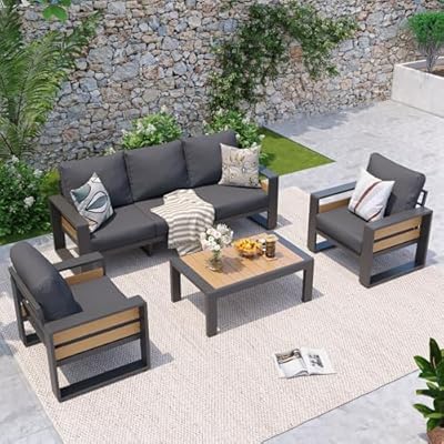 Aoxun Aluminum Patio Furniture Set, 5 Seats Sectional Metal Patio Furniture with Coffee Table, 6'' Thick Cushions and 3-Seat Sofa, Modern Outside Sectional Set for Backyard/Garden/Poolside, Dark Grey