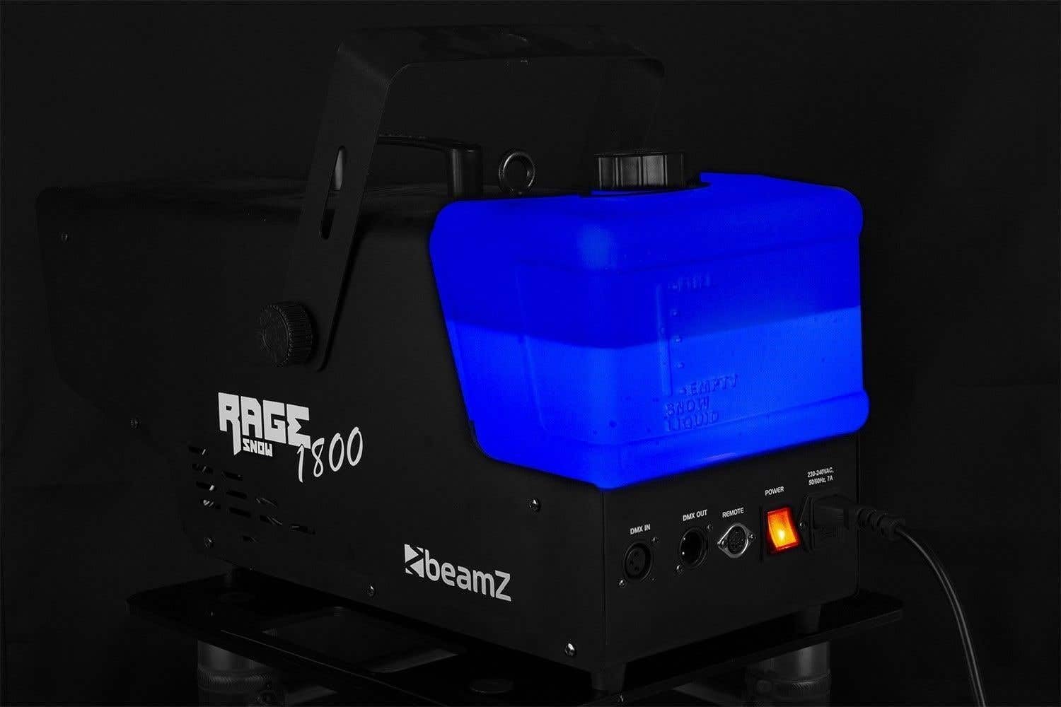 BeamZ RAGE1800SNOW Schneemaschine 1800 Watt Schnee Maschine mit Fernbedienung, Snow Machine, DMX, Timer, mini Schneekanone Garten, Apres Ski Party Gadget, Winter Simulation