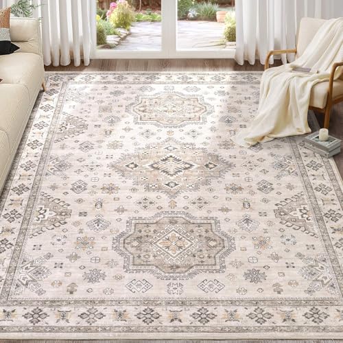 EIEIHOUSE Washable Area Rugs for Living Room -9x12 Neutral Vintage Distressed Floral Farmhouse Boho Large Soft Floor Rug Indoor Non Slip Carpet for Living Room Bedroom Dining Room Office -Beige Brown